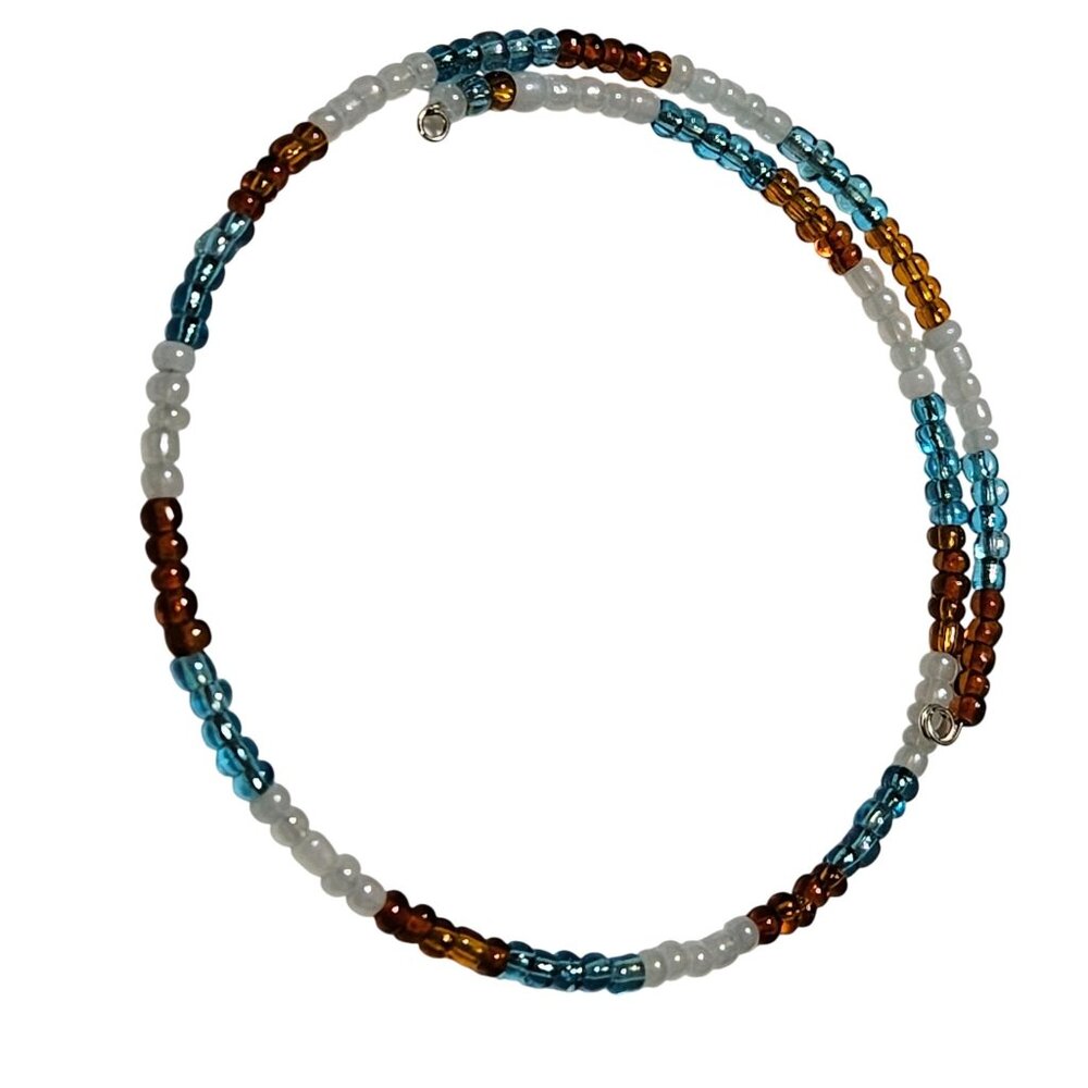 Handmade Beaded Coil Wrap Bracelet Blue White Brown Glass Beads Fashion Jewelry